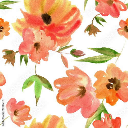 Watercolor seamless pattern with pink and orange flowers