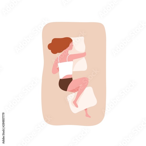 Young woman sleeping on her side and hugging pillow. Cute funny girl falling asleep on comfortable bed. Night relaxation, slumber, rest or nap. Top view. Flat cartoon colorful vector illustration.