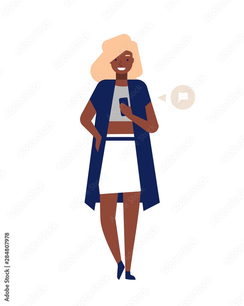 Happy blonde girl with smartphone and message notification