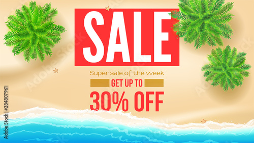 Sale, get up to 30 percent discount. Seashore with green palms on yellow sand on the beach with sea surf. Vector template, 3d illustration