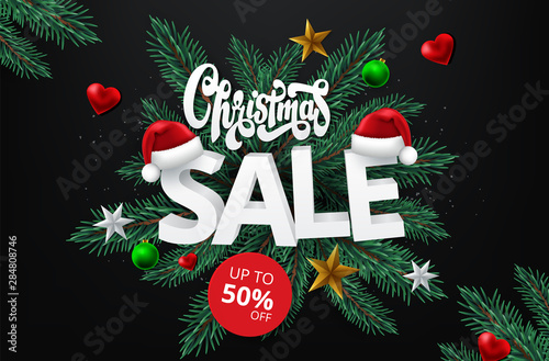 Christmas sale promotional banner with gifts and colorful christmas elements . Vector illustration.