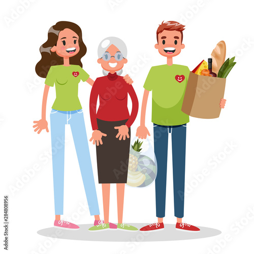 Young man volunteer help old woman and carry her bag