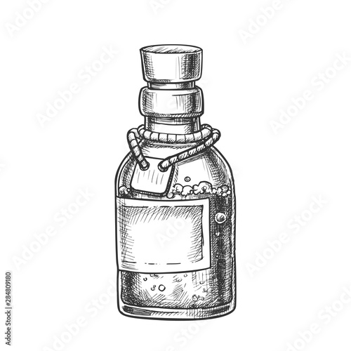 Bubbled Potion Elixir Bottle Monochrome Vector. Glass Bottle With Blank Label On Planted Yarn. Poisonous Liquid In Vial Template Hand Drawn In Vintage Style Black And White Illustration photo