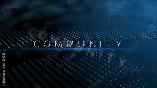 Community modern intro text 3D animation with lens flare and depth of field focus blur