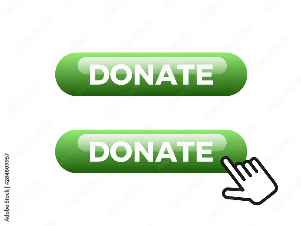 Shiny button for donation through website and webpage. Hand and finger are pointing clicking to donate. vector illustration isolated on white. Shiny button for donation through website and webpage. Hand and finger are pointing clicking to donate. vector illustration isolated on white.
