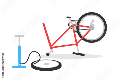 Bike repair - bicycle is fixed in garage by bicycle pump. Vector illustration isolated on white