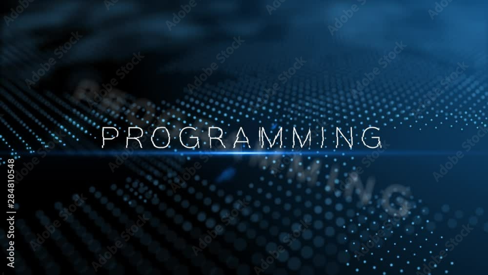 Programming, modern intro text 3D animation with lens flare and depth of field focus blur