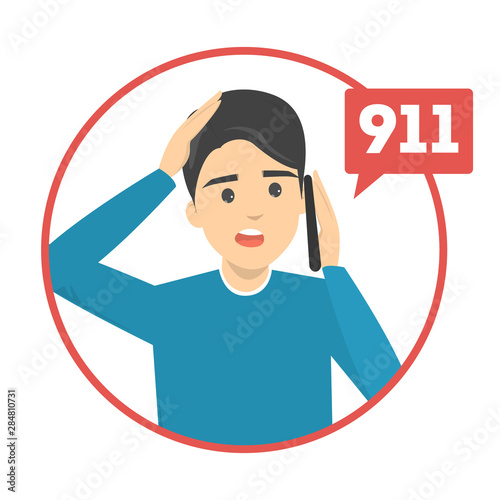 Man in panic call 911 on mobile phone. Emergency call