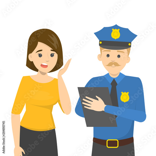 Woman talking to a police officer. Male character