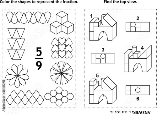 Two visual math puzzles and coloring pages. Color the shapes to represent the fraction. Find the top view. Black and white. Answers included.