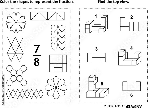 Two visual math puzzles and coloring pages. Color the shapes to represent the fraction. Find the top view. Black and white. Answers included.