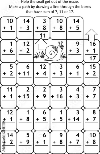 Math maze with addition facts: Help the snail get out of the maze. Make a path by drawing a line through the boxes that have sum of 7, 11 or 17. 