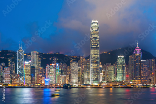 Victoria harbor of Hong Kong city at night © leeyiutung