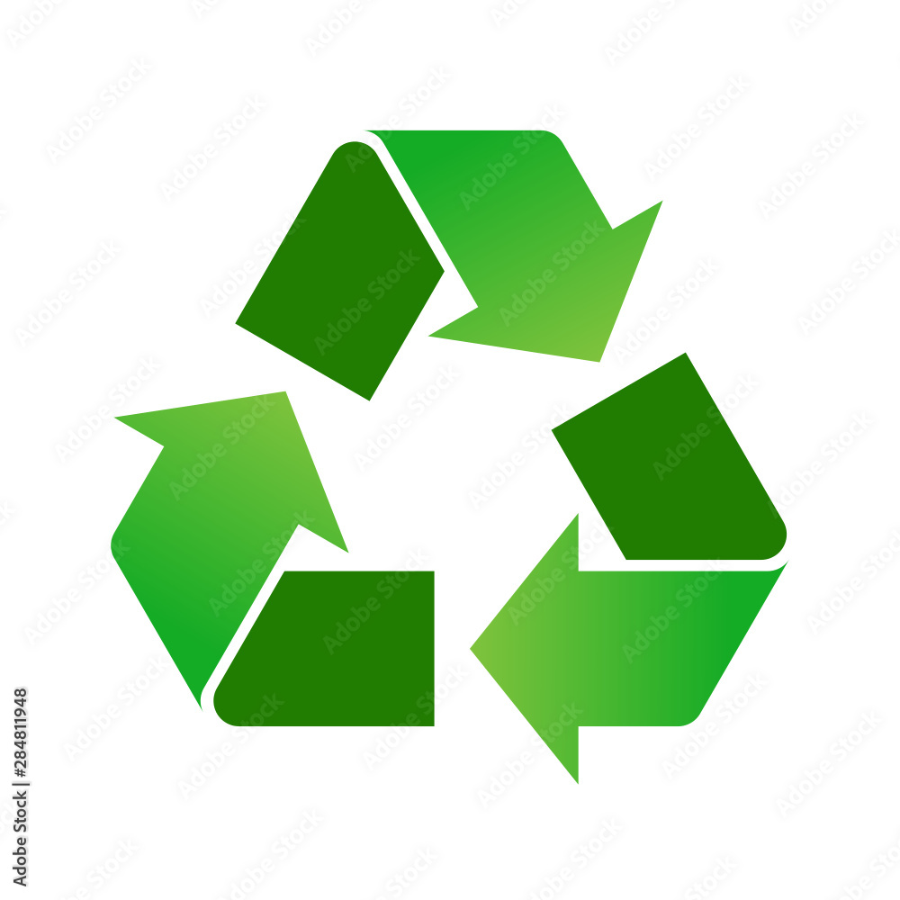 Green gradient recycle symbol, sign, icon, on white background. Triangular recycle logo. Arrows representing recycling materials. Think green, ecological concept. Vector illustration, flat style. Green gradient recycle symbol, sign, icon, on white background. Triangular recycle logo. Arrows representing recycling materials. Think green, ecological concept. Vector illustration, flat style.