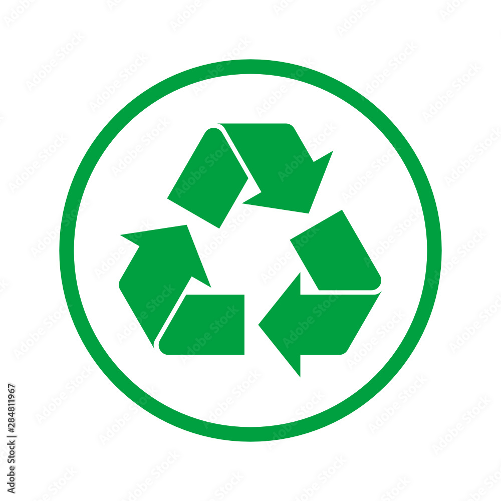 Simple green recycle sign in a circle. Recycle symbol, icon or logo on white background. Label for recyclable products. Reduce reuse recycle concept. Vector illustration, flat style, clip art. Simple green recycle sign in a circle. Recycle symbol, icon or logo on white background. Label for recyclable products. Reduce reuse recycle concept. Vector illustration, flat style, clip art.