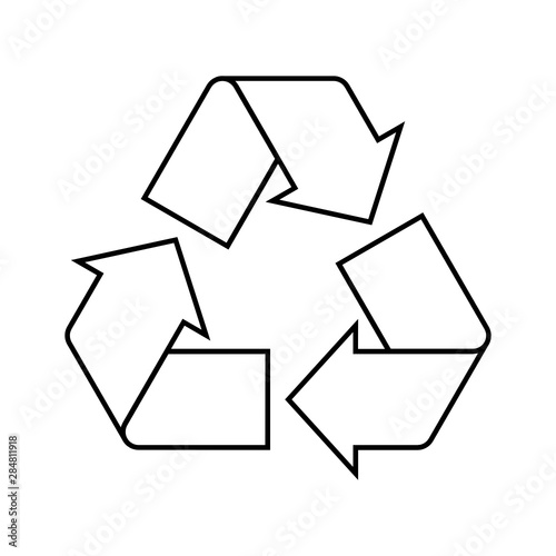 Simple black recycle sign outline. Linear recycle symbol, icon or logo on white background. Label for recyclable products. Reduce reuse recycle concept. Vector illustration, flat style, clip art. 