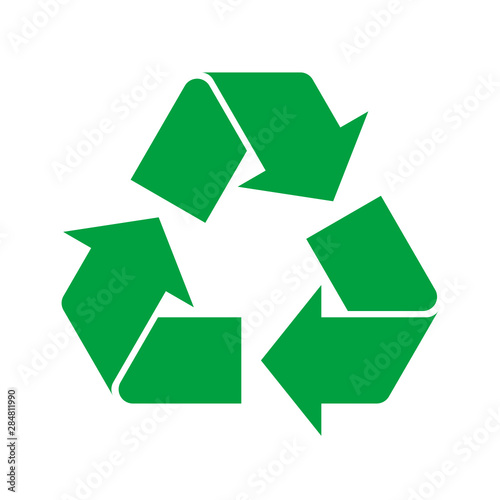Simple green recycle icon on white background. Sign or symbol for recycling materials. Environmental sustainability concept. Recycle logo symbolizing recyclable product. Vector illustration, flat. 