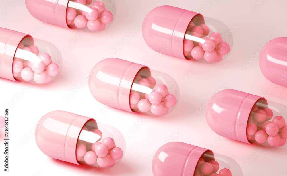 3d illustration of a render of pink capsule pills on a light background