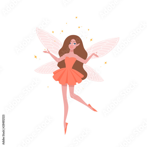 Pretty fairy in beautiful dress and with butterfly wings isolated on white background