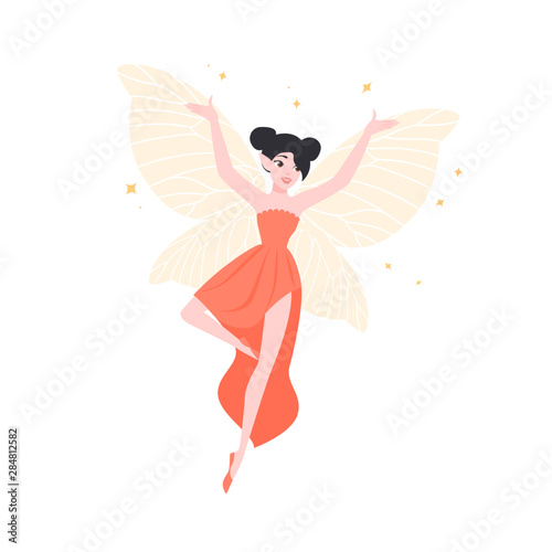 Happy flying fairy or elf in elegant gown isolated on white background