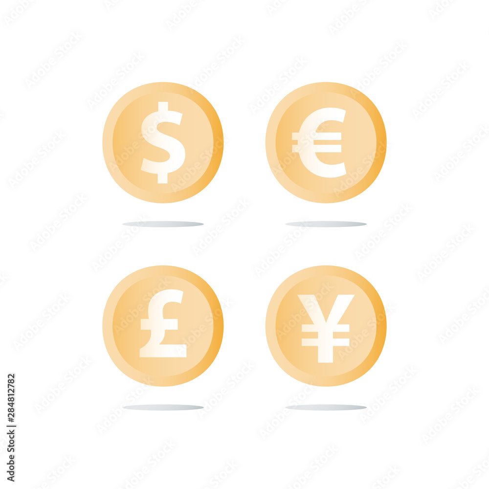 Money exchange, dollar, euro, pond and yen currency coins, cash loan, finance concept Money exchange, dollar, euro, pond and yen currency coins, cash loan, finance concept