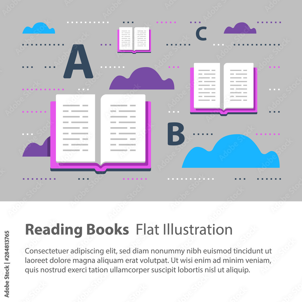 Open books, reading and learning grammar, flat illustration, 