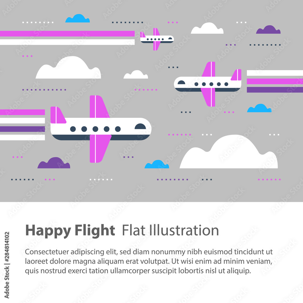 Airplanes in the sky, happy flight, flat illustration, flying aircraft with rainbow Airplanes in the sky, happy flight, flat illustration, flying aircraft with rainbow