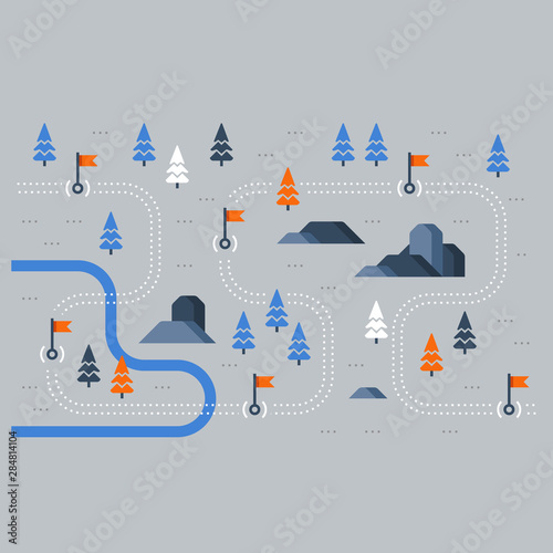 Trail map with flags, outdoor sport activity, countryside landscape, hiking itinerary