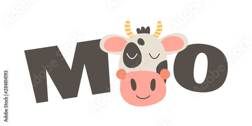 Cute funny farm animal for kids. Nursery print head cartoon cow. Text moo. Black, white and pink.