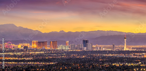 Panorama cityscape view of Las Vegas at sunset in Nevada