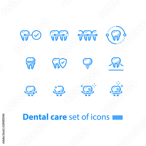 Teeth braces, dental care, stomatology services, cleaning and whitening, implant and crown, protection concept, line icons