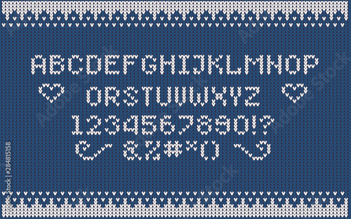 Christmas knitted font. Nordic Fair Isle Knitting Sweater Design. Knitted latin alphabet.