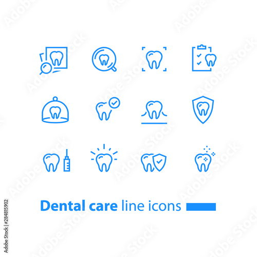 Stomatology services, dental care, prevention check up, hygiene and treatment, line icons
