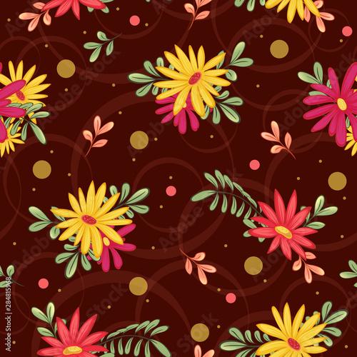 Seamless vector autumn pattern with red and yellow gerberas  leaves and abstract patterns on a chocolate background. Hand drawing  cartoon style.