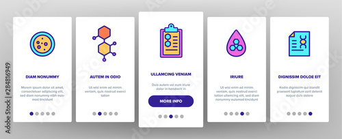 Color Biomaterials, Medical Analysis Vector Onboarding Mobile App Page Screen. Biomaterials Research. Chemical Experiment Pictograms Collection. Scientific Laboratory Equipment Illustration