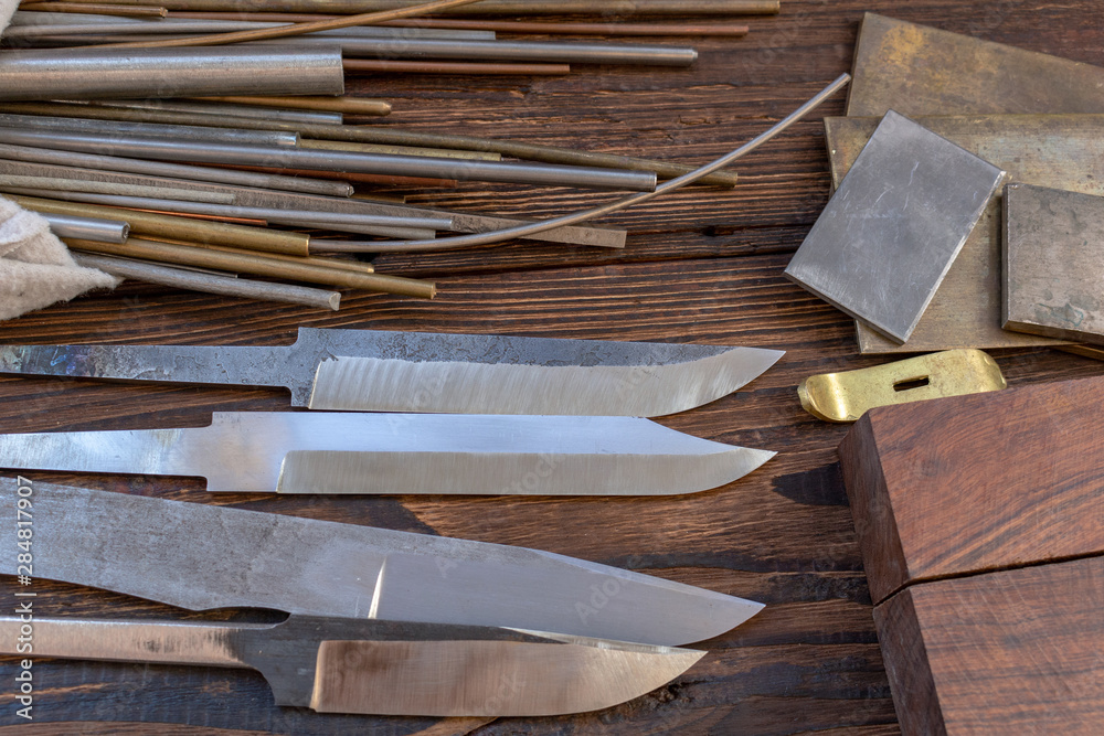 Knife blades with bars blocks scales valuable exotic tree wood moose, elk,  deer horn pieces for handmade DIY knife handles materials supply. Micarta,  carbon, G10 composite, sheet, pins Stock-Foto | Adobe Stock