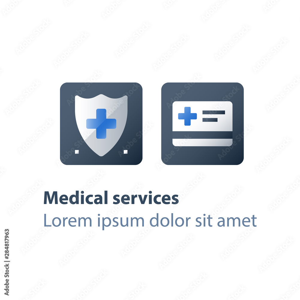 Shield and cross, medical insurance card, health care policy, hospital services, preventive check up Shield and cross, medical insurance card, health care policy, hospital services, preventive check up