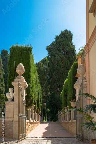 Valencia, Spain-07/20/2019:Monforte Garden - Jardines de Monforte. A neoclassic design full of statues, pools, fountains, walkways and rest areas.