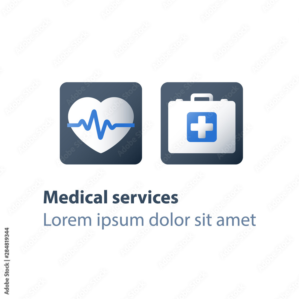 Cardiovascular disease check up, first aid kit, doctor's bag with cross, health insurance program, medical services, heart stroke Cardiovascular disease check up, first aid kit, doctor's bag with cross, health insurance program, medical services, heart stroke