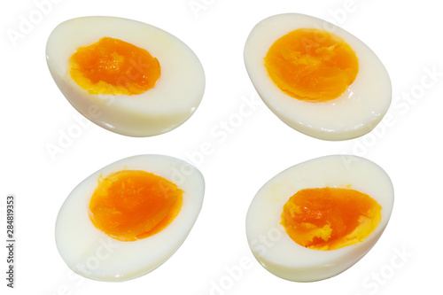Collection of Medium-boiled eggs isolated on white background