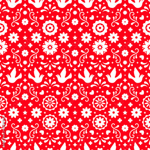 Mexican flowers, leaves and birds on red background. Traditional seamless pattern for fiesta party. Floral folk art design from Mexico. Mexican folklore ornament.