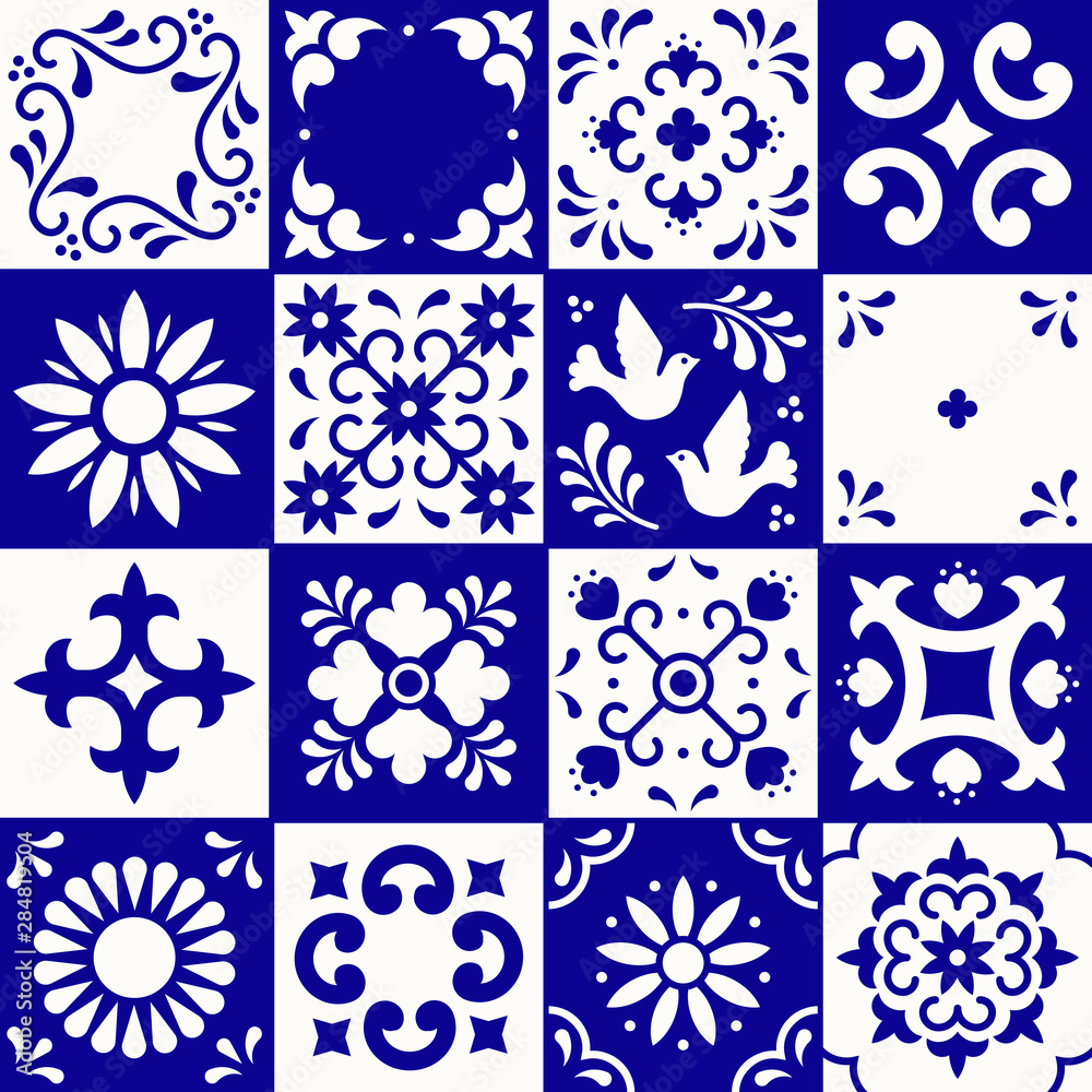 Fototapeta Mexican talavera pattern. Ceramic tiles with flower, leaves and bird ornaments in traditional style from Puebla. Mexico floral mosaic in navy blue and white. Folk art design.