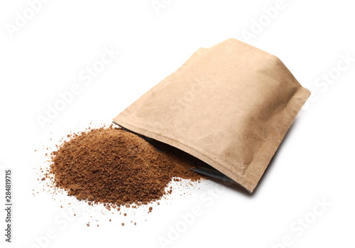 Organic coconut sugar with paper bag, packaging isolated on white background