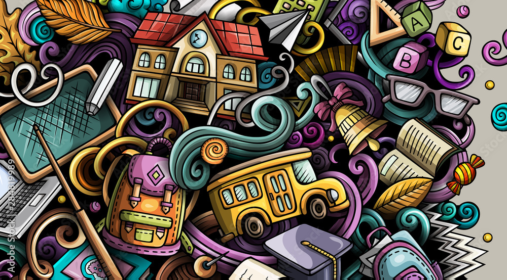 Fototapeta premium Cartoon cute colorful hand drawn doodles School background