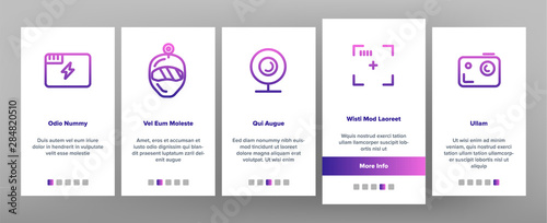 Color Action Camera Onboarding Mobile App Page Screen Vector Thin Line. Types Of Camera Linear Pictograms. Device Stick And Object Glass, Recording Mode And Watertight Housing Illustrations