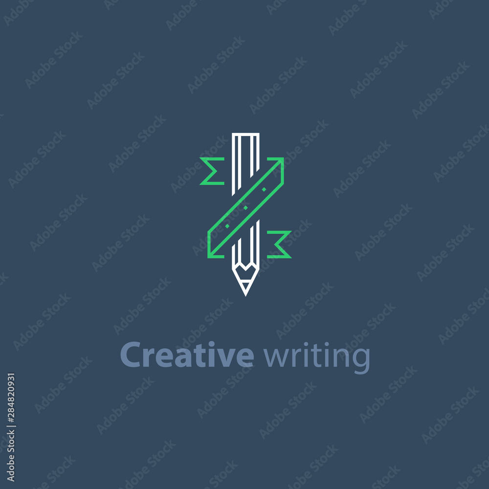 Storytelling concept, creative writing, pencil and ribbon, copywriting, linear icon Storytelling concept, creative writing, pencil and ribbon, copywriting, linear icon