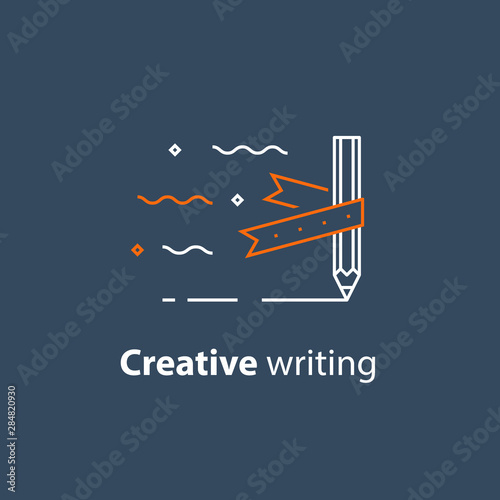 Storytelling concept, creative writing, pencil and ribbon, copywriting, linear icon