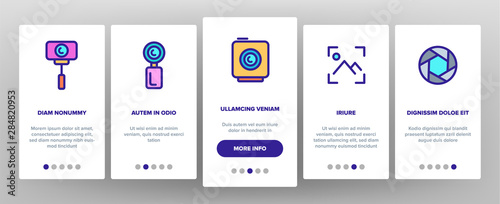 Color Action Camera Onboarding Mobile App Page Screen Vector Thin Line. Types Of Camera Linear Pictograms. Device Stick And Object Glass, Recording Mode And Watertight Housing Illustrations