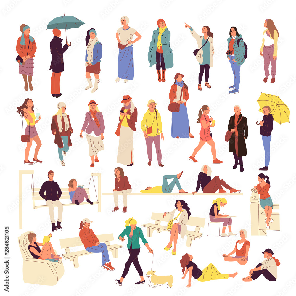 Set of different people characters in casual outfit. Crowd in different poses, walking, standing outdoors. Isolated on white. Flat style colorful cartoon stock vector illustration..