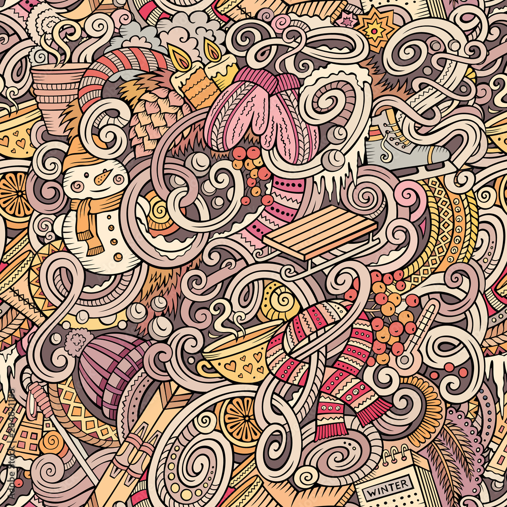 Cartoon doodles Winter season seamless pattern. Endless illustration.